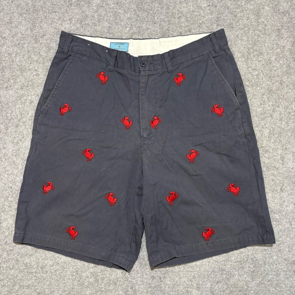Castaway Nantucket Island Mens Navy Blue Red Crab Embroidered Chino Shorts 33